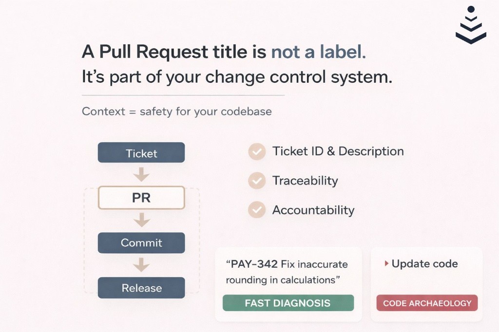 Diagram: PR title as part of change control - Ticket, PR, Commit, Release flow; good vs vague title comparison.